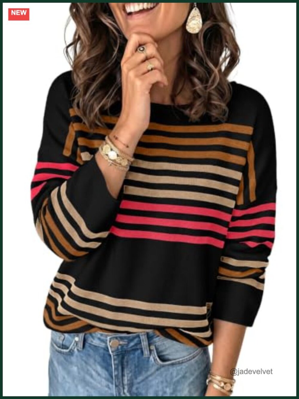 Striped Oversized Crewneck Pullover Sweater Casual Long Sleeve Knit Top